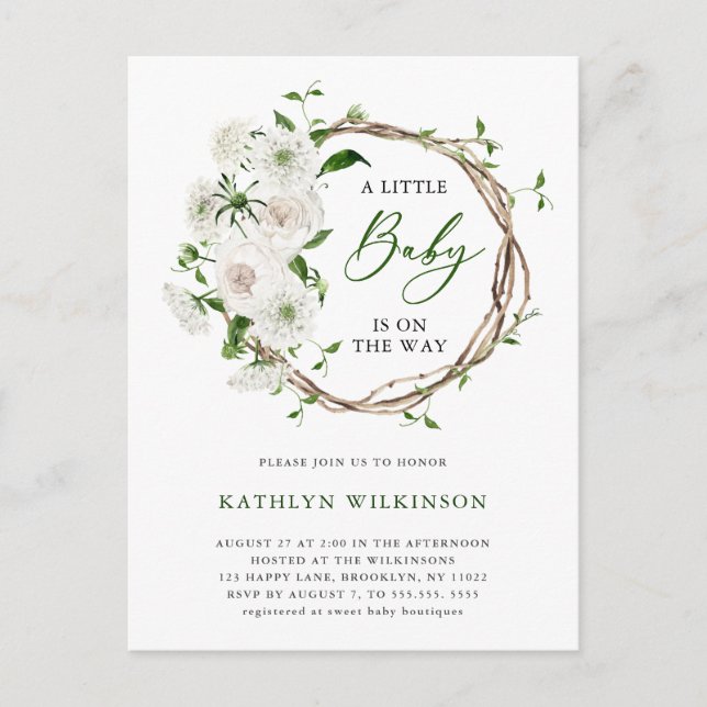 Elegant White Blommigt Greenery Simple Baby Shower Inbjudan Vykort (Framsida)
