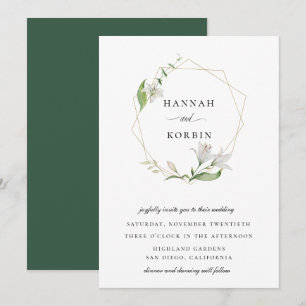 Elegant White Blommigt Guld Geometric Ram Bröllop Inbjudningar