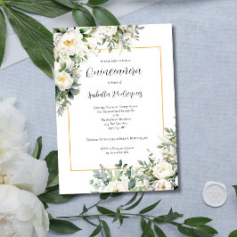 Elegant White Blommigt Guld Gräns Quinceañera Inbjudningar