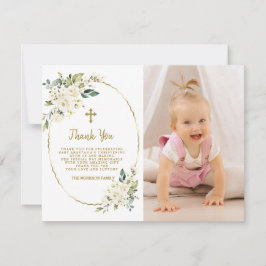 Elegant White Blommigt Guld Photo Girl Christening Tack Kort
