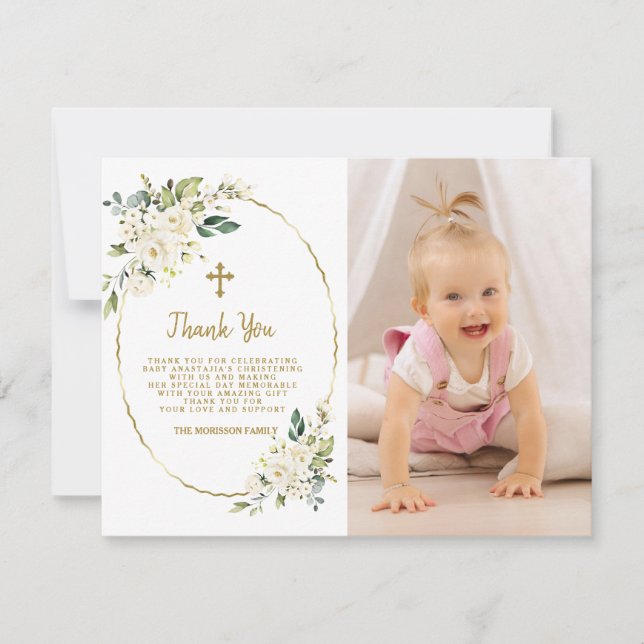 Elegant White Blommigt Guld Photo Girl Christening Tack Kort (Framsida)