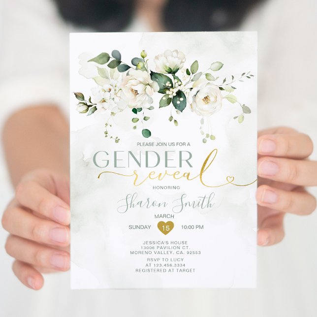 Elegant White Blommigt Han eller hon Gender Reveal Inbjudningar (Skapare uppladdad)