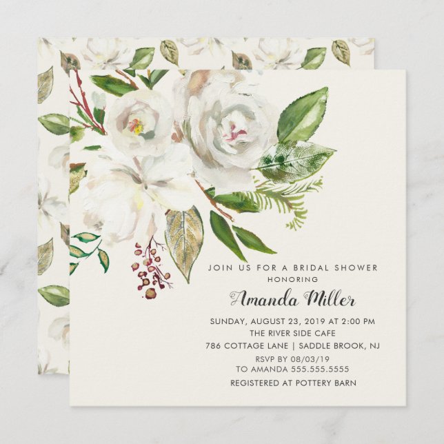 Elegant White Blommigt Inbjudningskort för möhippa (Fram/baksida)