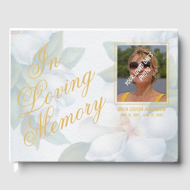 Elegant White Blommigt Loving Memory Script Photo  Gästböcker (Framsida)