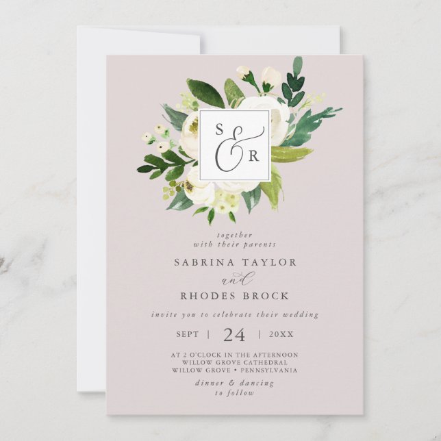 Elegant White Blommigt  Mauve Monogram Bröllop Inbjudningar (Framsida)