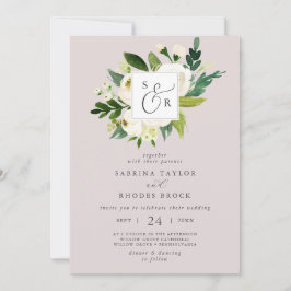 Elegant White Blommigt  Mauve Monogram Bröllop Inbjudningar