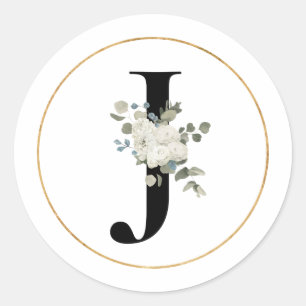 Elegant White Blommigt Monogram Brev J på White Runt Klistermärke