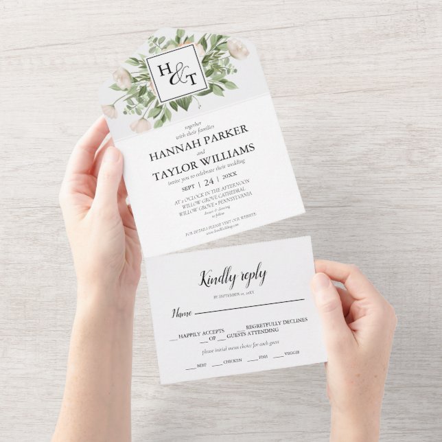 Elegant White Blommigt Monogram Bröllop (Avrivbar del)