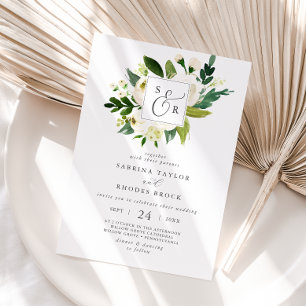 Elegant White Blommigt Monogram Bröllop Inbjudningar