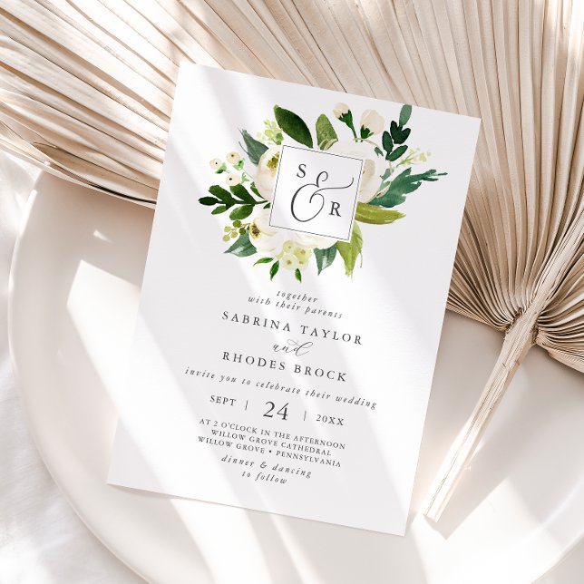 Elegant White Blommigt Monogram Bröllop Inbjudningar (Skapare uppladdad)
