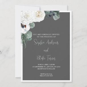 Elegant White Blommigt och Greenery Grått Bröllop Inbjudningar
