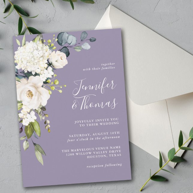 Elegant White Blommigt om Lavender Bröllop Inbjudningar (Skapare uppladdad)