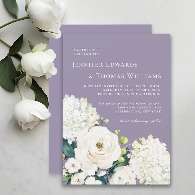 Elegant White Blommigt om Lavender Bröllop Inbjudningar (Skapare uppladdad)