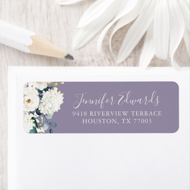 Elegant White Blommigt om Lavender Bröllop Returadress Etikett (Insitu)