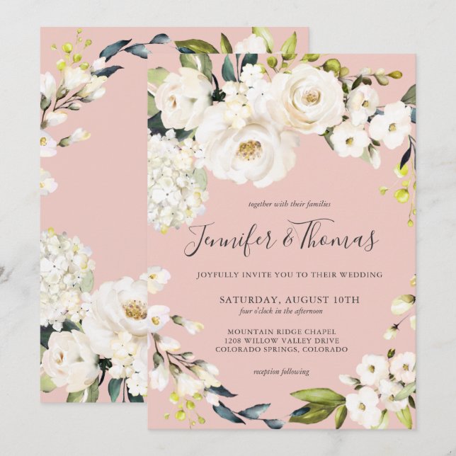 Elegant White Blommigt om  Rosa Bröllop Inbjudningar (Fram/baksida)