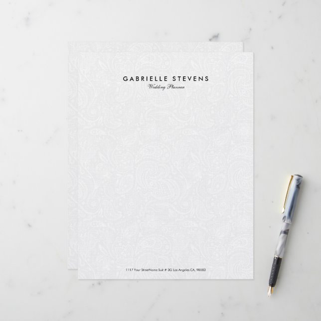 Elegant White Blommigt Paisley Snöre Letterhead Brevhuvud (Fram/Back In Situ)