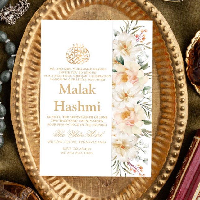 Elegant White Blommigt White Islamic Aqiqa Aqeeqa Inbjudningar (Skapare uppladdad)