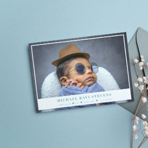 Elegant White Blue Baby Photo Notice Meddelande