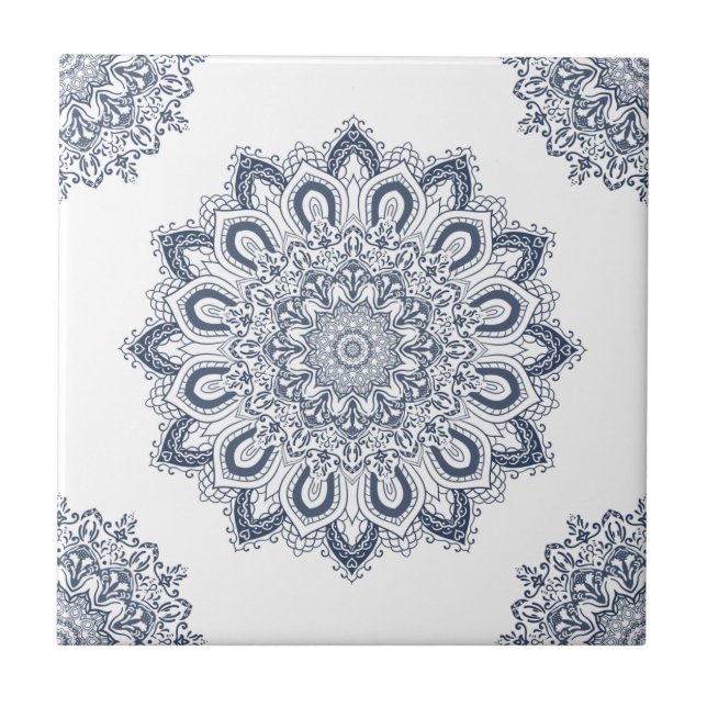 Elegant White Blue Mandala Kakelplatta (Framsidan)
