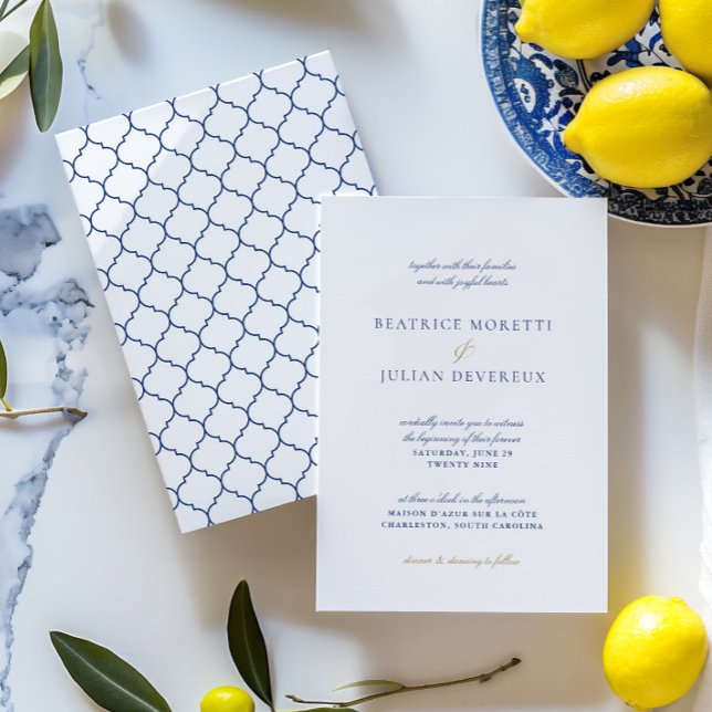 Elegant White & Blue Mediterranean Bröllop Inbjudningar (Elegant White & Blue Mediterranean Wedding Invitation)