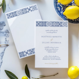 Elegant White & Blue Mediterranean Tile Bröllop Inbjudningar