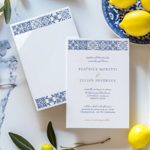Elegant White & Blue Mediterranean Tile Bröllop Inbjudningar