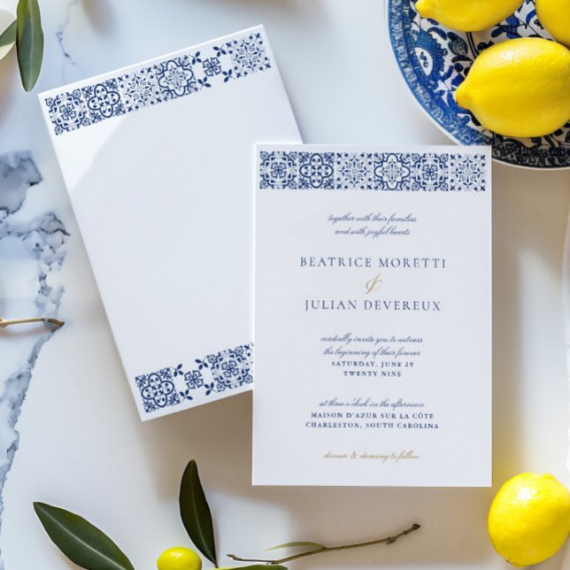 Elegant White & Blue Mediterranean Tile Bröllop Inbjudningar (Elegant White & Blue Mediterranean Tile Wedding Invitation)