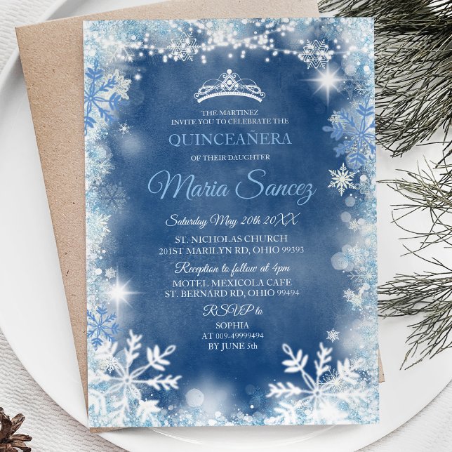 Elegant White Blue Winter Quinceanera Inbjudan (Skapare uppladdad)