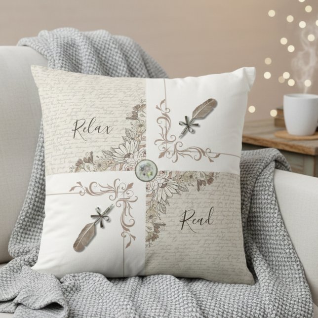 Elegant White Bookish Quill Home Décor Reading Kudde (Cozy up with a unique vintage style home decor throw pillow)