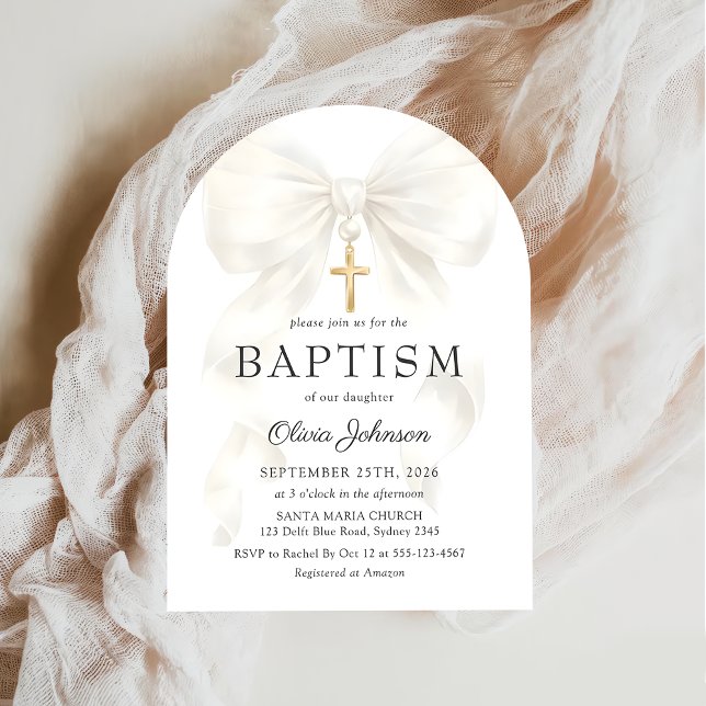 Elegant White Bow Baptism Girl Invitation Inbjudningar (Skapare uppladdad)