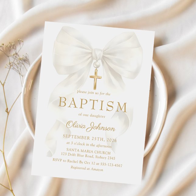 Elegant White Bow Baptism Girl Invitation Inbjudningar (Skapare uppladdad)