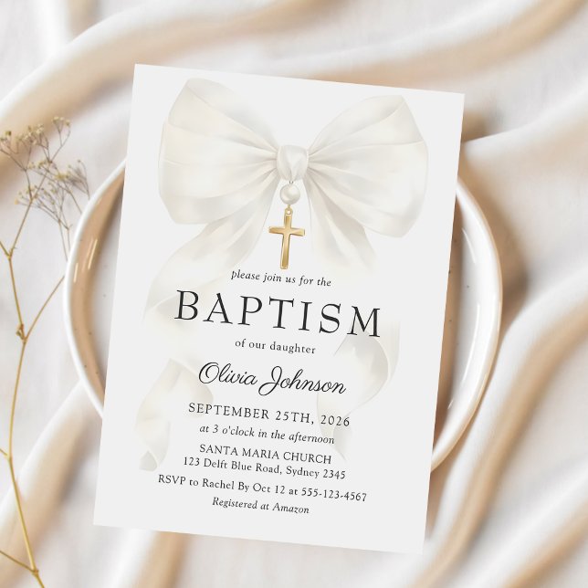 Elegant White Bow Baptism Girl Invitation Inbjudningar (Skapare uppladdad)