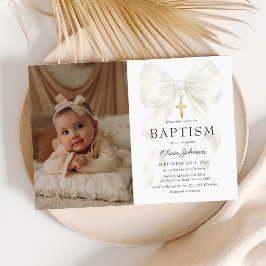 Elegant White Bow Baptism Girl Photo Invitation Inbjudningar