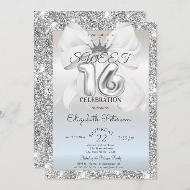 Elegant White Bow,Tiara,Silver Glitter Sweet 16  Inbjudningar (Fram/baksida)