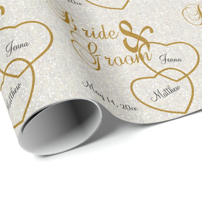 Elegant White Bröllop Confetti och Guld Lettering Presentpapper (Rullad Hörn)