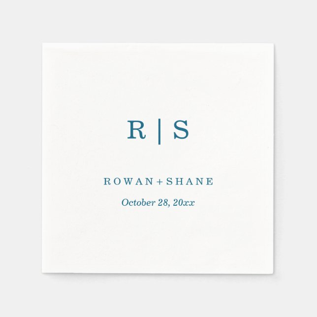 Elegant White Bröllop Napkin med Blue Monogram Pappersservett (Framsidan)