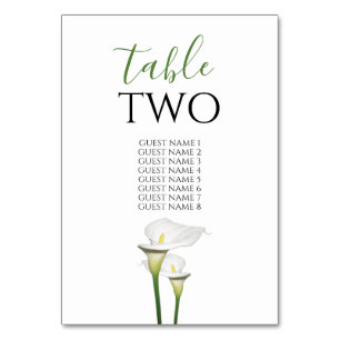 Elegant White Calla Lilies Bröllop Guest Namn Bordsnummer