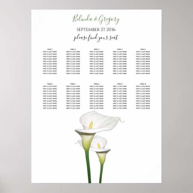 Elegant White Calla Lilies Bröllop Sittdiagram Poster (Framsidan)
