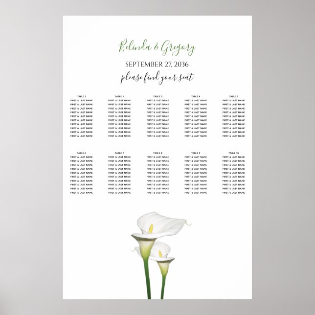Elegant White Calla Lilies Bröllop Sittdiagram Poster (Framsidan)