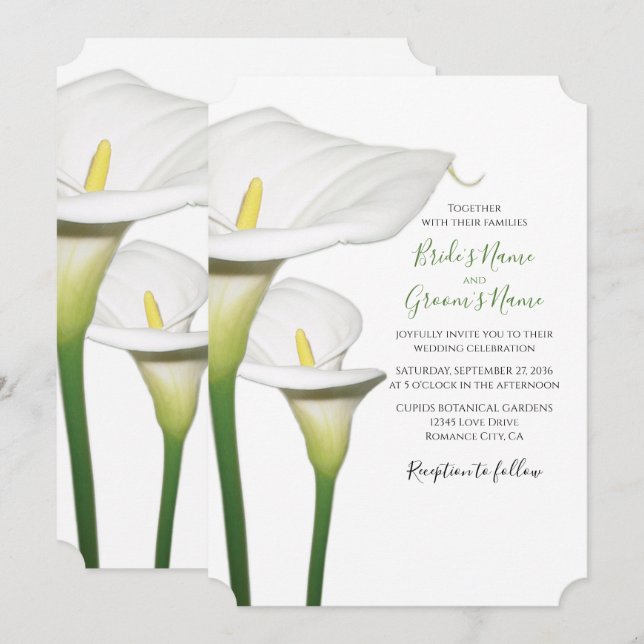 Elegant White Calla Lilies bröllopsinbjudningar Inbjudningar (Fram/baksida)