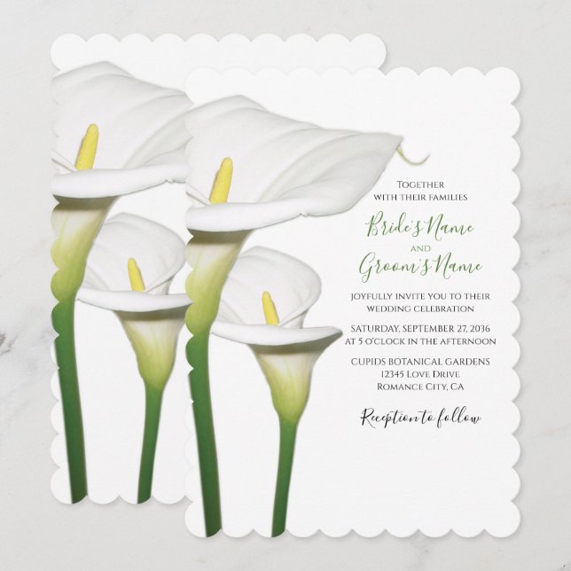 Elegant White Calla Lilies bröllopsinbjudningar Inbjudningar (Fram/baksida)