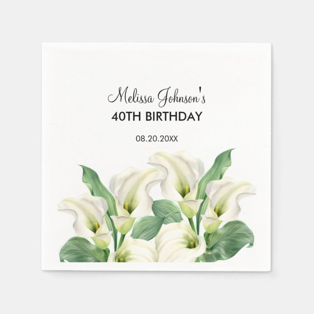Elegant White Calla Lily Blommigt Birthday Pappersservett (Framsidan)