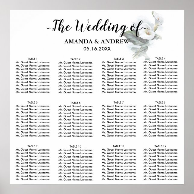 Elegant White Calla Lily Bröllop Seating Chart Poster (Framsidan)