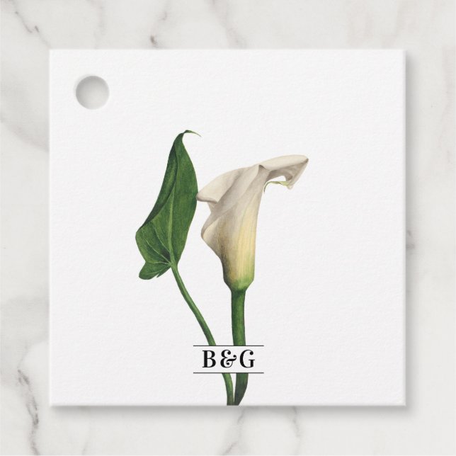 Elegant White Calla Lily Grönt Botanical Bröllop Gåvor Etiketter (Framsida)