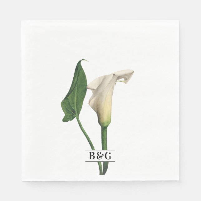 Elegant White Calla Lily Grönt Botanical Bröllop Pappersservett (Framsidan)