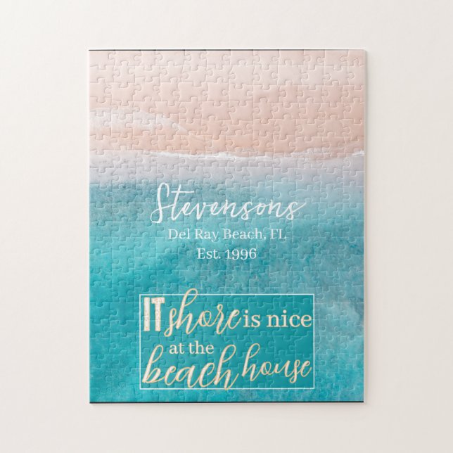 Elegant White Calligraphy Family Namn Beach House Pussel (Vertikal)