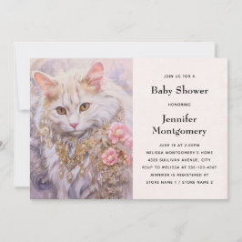 Elegant White Cat i Guld och Diamond Baby Shower Inbjudningar