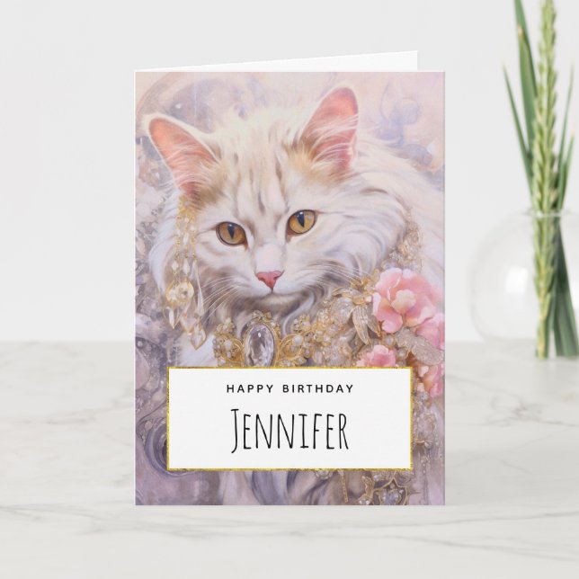 Elegant White Cat i Guld och Diamonds Birthday Kort (Framsida)
