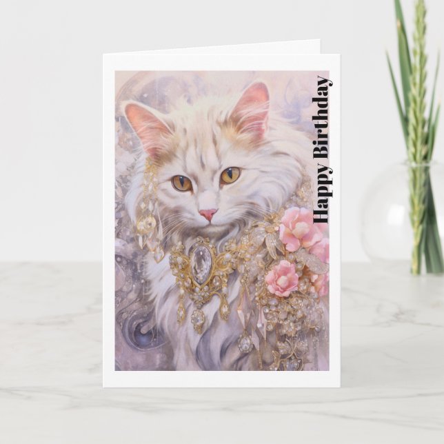 Elegant White Cat i Guld och Diamonds Birthday Kort (Framsida)