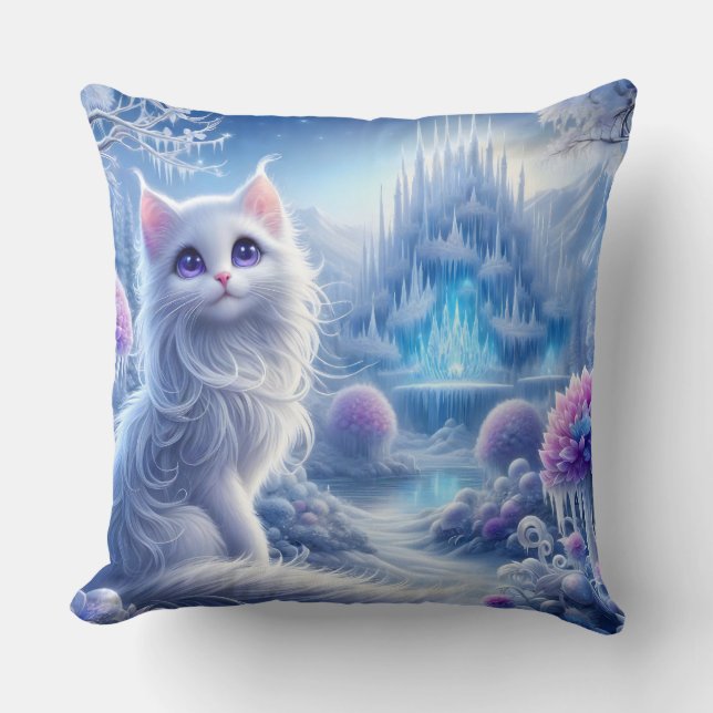 Elegant White Cat in a Snowy Magic Realm Kudde (Framsida)